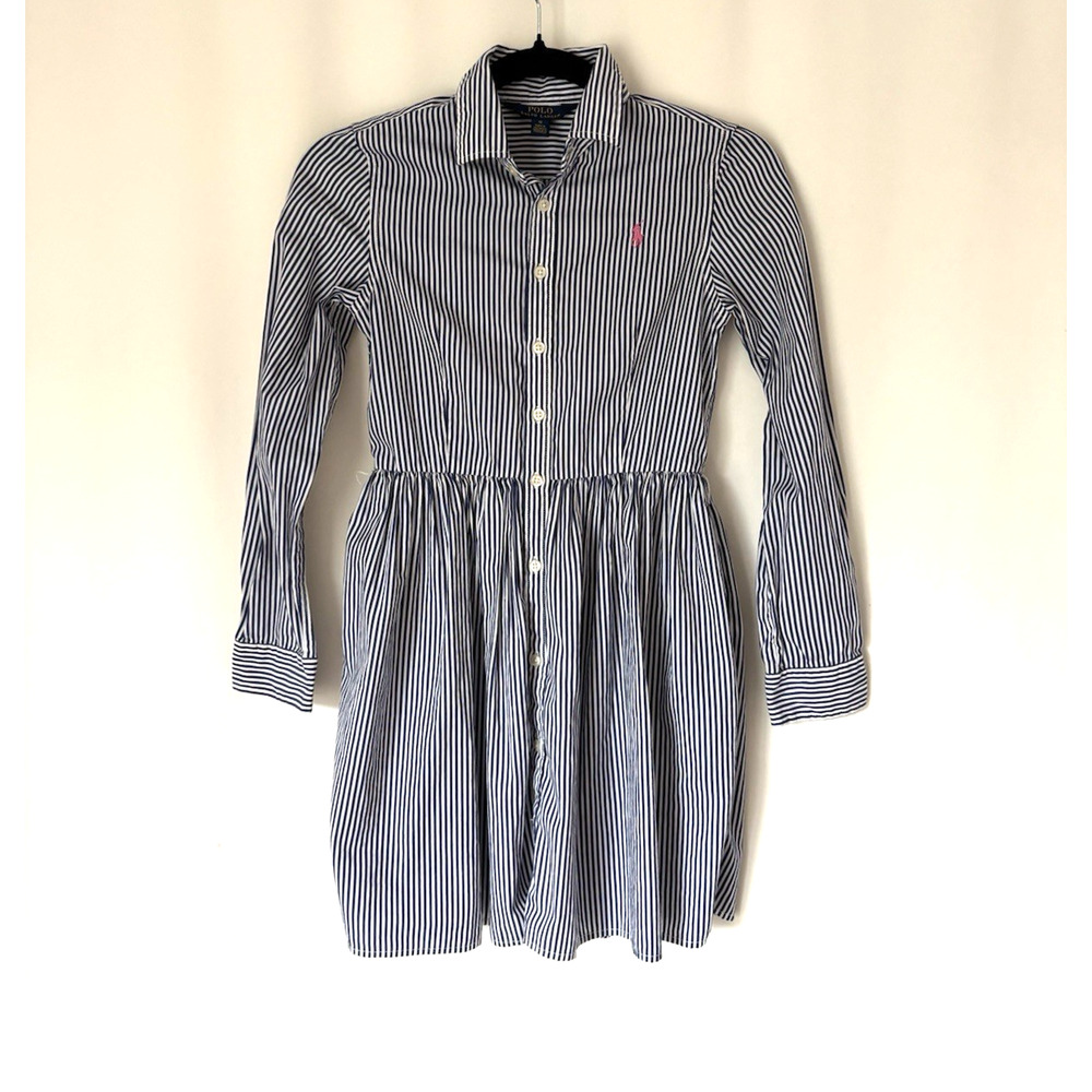 Polo Ralph Lauren Girls Dress 12 Knee Pinstriped Blue Collar Button Up